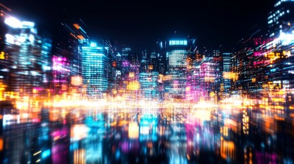 Obraz premium Vibrant city lights illuminate urban skyline at night in stunning 4K quality