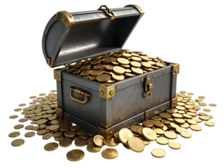 An overflowing metal treasure chest filled with gold coins, sitting on a pile of more coins.