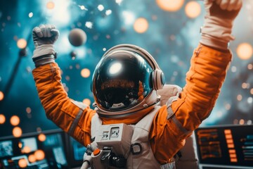 A team of astronauts celebrating in a control room after a successful mission, with the spacecraft landing visible on screens