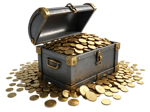 An overflowing metal treasure chest filled with gold coins, sitting on a pile of more coins.
