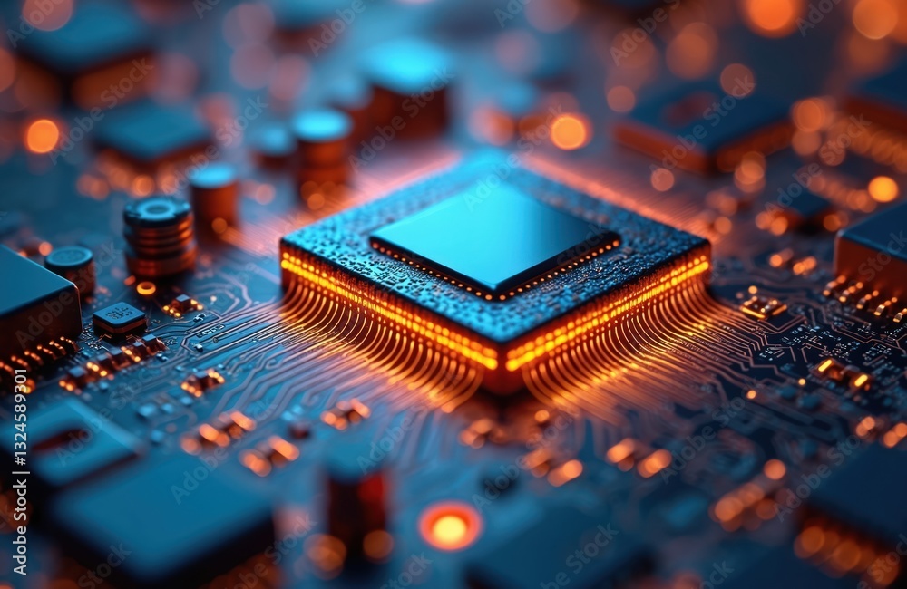 Aufkleber hi-res close-up of computer chip on circuit board. orange glowing connections, blue reflection on ch
