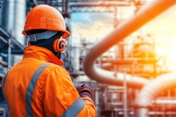 A team of engineers inspecting a carbon capture storage facility, with pipelines and safety equipment visible