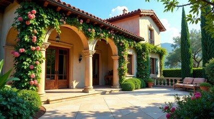 Fototapeta premium Mediterranean-style residence with flourishing climbing roses adorning its arched entryway and patio, creating a tranquil and inviting atmosphere