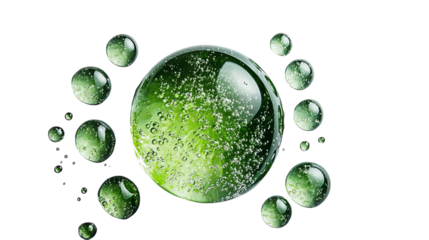 Png of A close-up of green bubbles with sparkling water droplets, creating a fresh and vibrant atmosphere on transparent background.