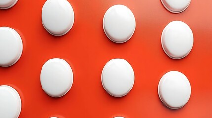 White circular items on red, flat lay pattern. Could be buttons or pills. Uniform layout background