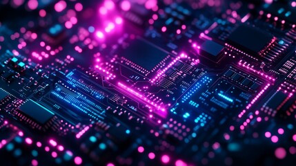 Fototapeta premium Abstract background with blue and purple circuit board patterns. Digital technology concept.