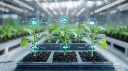 A cutting edge high tech agricultural facility featuring rows of young vibrant plants growing in a controlled resource efficient environment