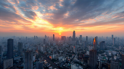 Panoramic Cityscape At Sunset Showing Urban Buildings Under Orange And Golden Cloudy Sky