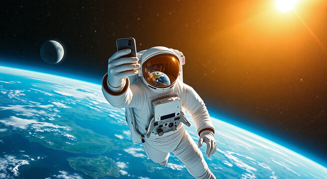 An astronaut taking a selfie in space with Earth and the sun in the background. Capturing the beauty of the universe while orbiting the planet.