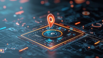 A detailed futuristic digital navigation interface with a glowing location marker and various data visualization elements