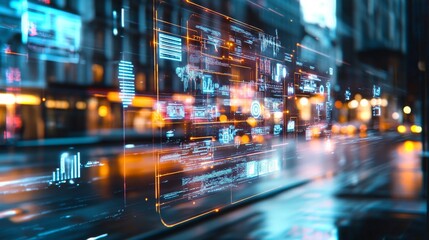 Digital overlay of data visualizations in a modern urban atmosphere during nighttime