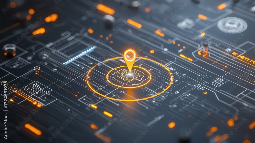 Poster a futuristic digital interface with a glowing blue map displaying a bright pinpoint representing dat