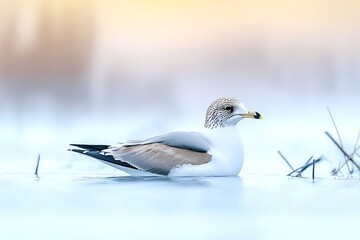 Obraz premium Gull Floating Frozen Lake Sunset.