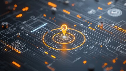 A futuristic digital interface with a glowing blue map displaying a bright pinpoint representing data visualization navigation or location tracking technology