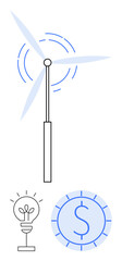 Wind turbine generating energy, lightbulb representing innovation, money coin illustrating economic benefits. Ideal for sustainability, green business, innovation, renewable energy, eco-economics