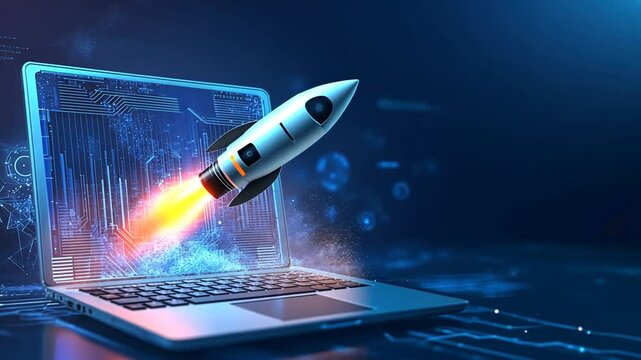 Startup Launch: Rocket blasting off a laptop screen representing business growth