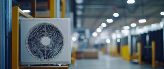 Air conditioner fan in a modern warehouse, close-up. Air conditioning unit at the factory for car or train air conditioners.