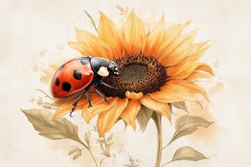 A vintage-style illustration of a ladybug crawling on a sunflower, surrounded by muted, sepia-toned colors and retro typography for a nostalgic look