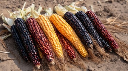 Ripe multicolored corn cobs ready for harvest in an agricultural field during sunny weather