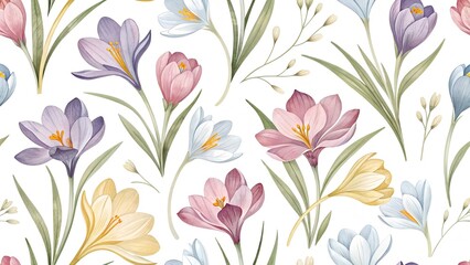 seamless pattern with blooming flower, watercolor crocus, spring flowers for decorating textiles, packaging, wallpaper
