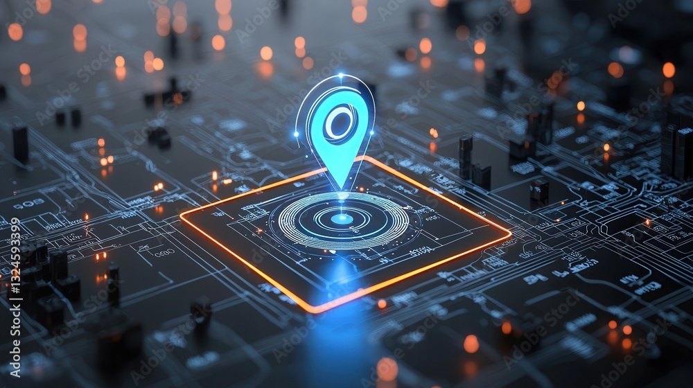 Poster a futuristic digital map marker pulsating with a soft blue glow representing advanced location techn