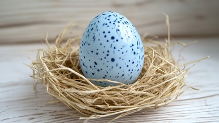 Obraz premium Quail Easter egg with blue speckled design in a straw nest on a white rustic wooden background.