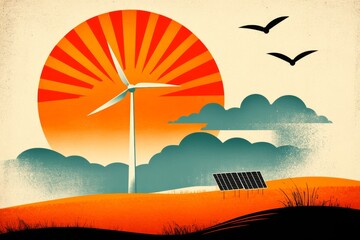 A vintage-style poster of a wind farm and solar panels, with bold retro typography and earthy tones evoking nostalgia for a sustainable future