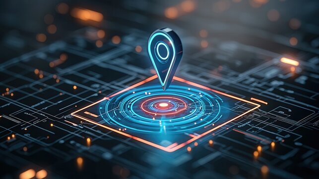 A futuristic digital display showing a pulsing glowing location marker against a backdrop of a complex technological grid representing advanced navigation tracking and data visualization systems