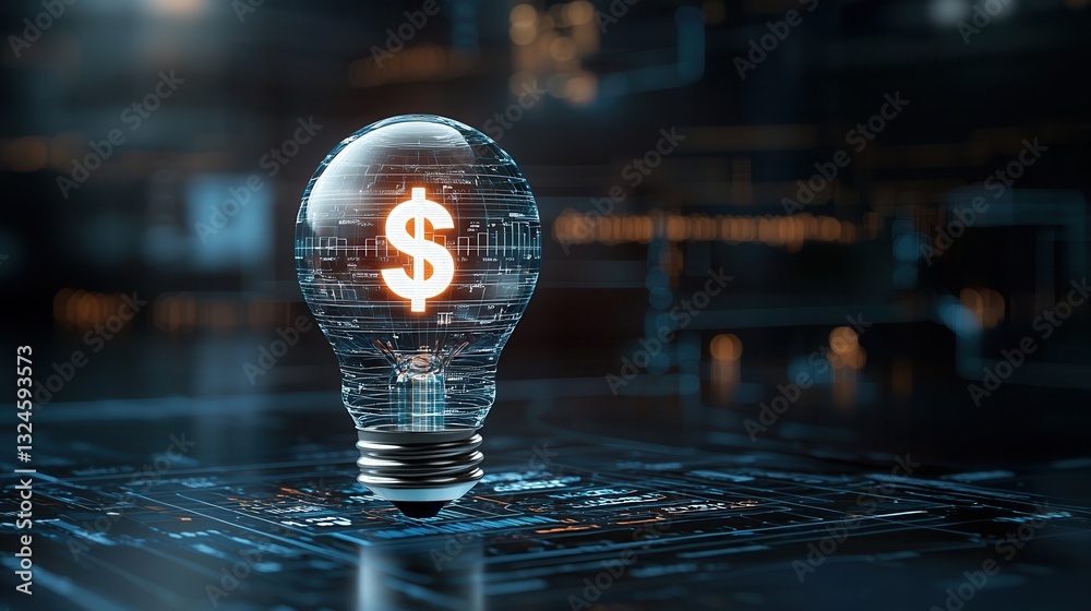 Poster a high tech transparent lightbulb displaying a floating dollar sign symbol representing the intersec