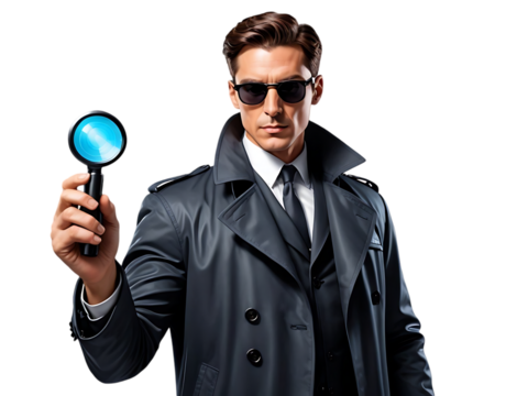 Mysterious man in trench coat holding magnifying glass, investigating. - Powered by Adobe