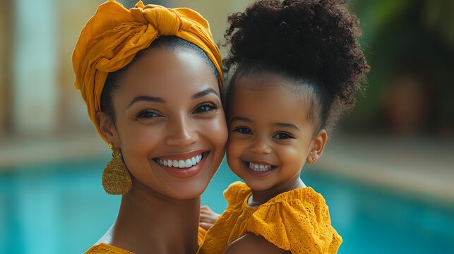 Mother and daughter in matching yellow outfits smiling. Joyful and loving mother-daughter bond, celebrating working moms who balance career and family with happiness and warmth