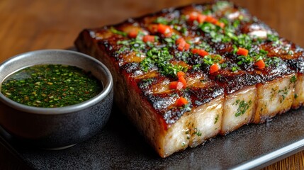 Grilled pork belly with vibrant sauce on dark plate, wooden table background