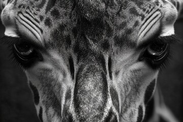 Naklejka premium Close view of a giraffe's expressive eyes gazing directly at the camera in a captivating moment, Close up of giraffes eyes looking into the camera
