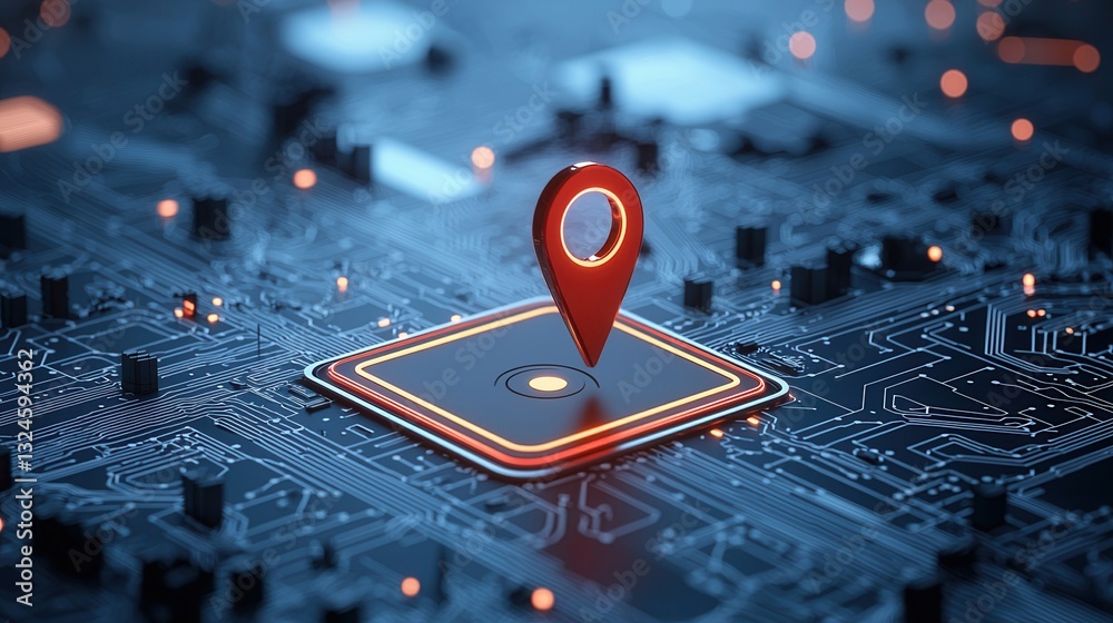 Poster a detailed close up view of a high tech navigation system with a vibrant red location marker on a co