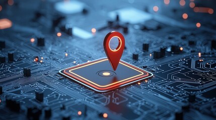 A detailed close up view of a high tech navigation system with a vibrant red location marker on a complex circuit board