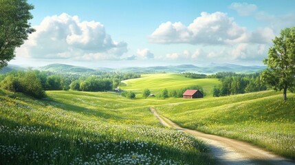 Idyllic Spring Landscape: Rolling Green Hills, Barn, and Country Road
