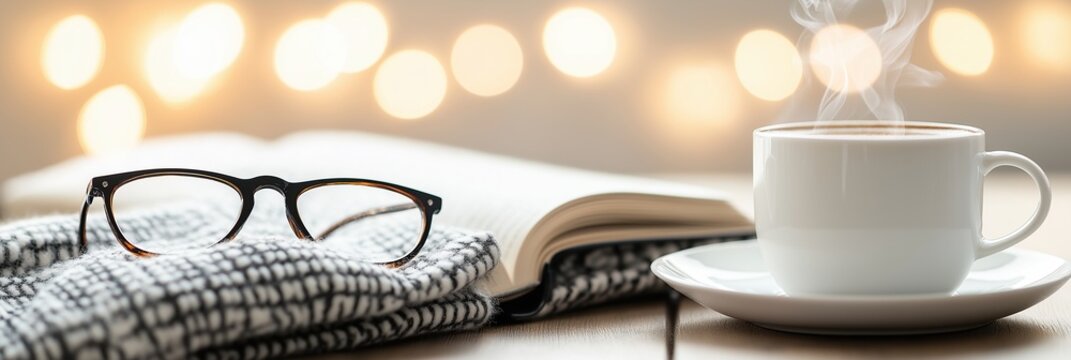 Cozy morning scene with coffee, glasses, and book on textured surface, bokeh background