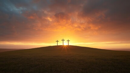 Obraz premium A tranquil and scene of three crosses silhouetted against a vibrant sunset sky evoking a sense of faith hope and spiritual contemplation