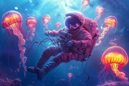 A whimsical depiction of an astronaut floating among glowing jellyfish in space, with vibrant, fantastical colors and ethereal lighting