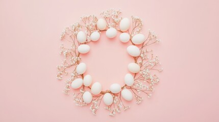 Obraz premium White chicken eggs arranged in a creative pattern on pastel pink background