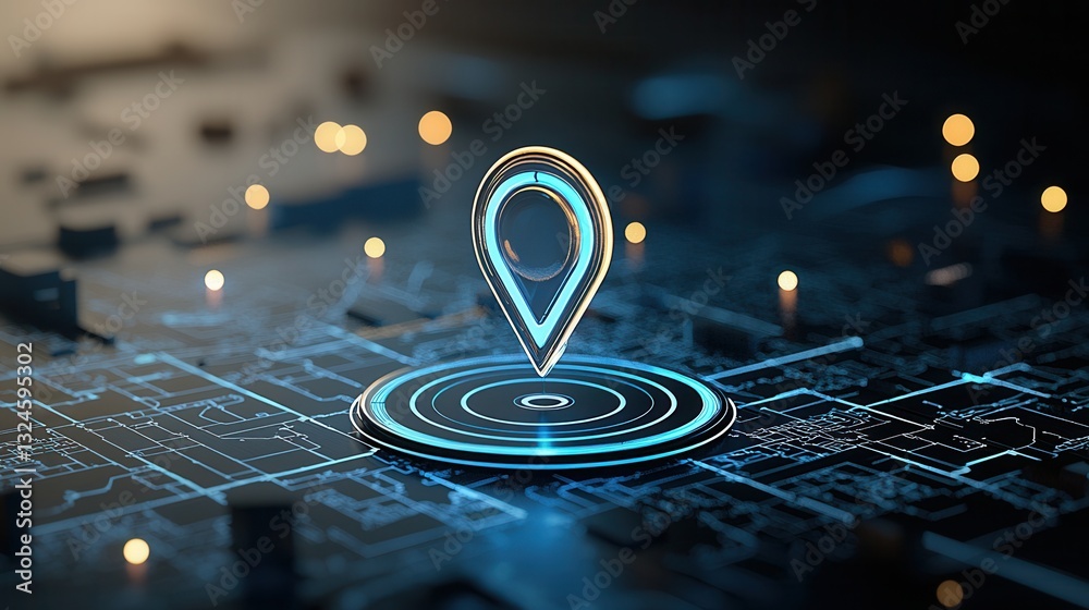 Poster futuristic and digital navigation concept showcasing a sleek glowing location marker on a map like i