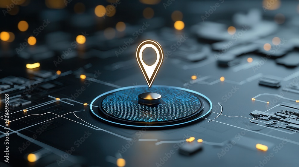 Poster a visually striking blue themed digital map display with a glowing location marker representing adva