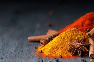 vibrant watercolor illustration of array of spices and seasonings artistically scattered on rustic wooden surface with