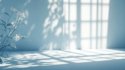 A dreamy, gradient blue studio backdrop designed for product presentation, featuring blurred window and floral shadows for a serene summer ambiance