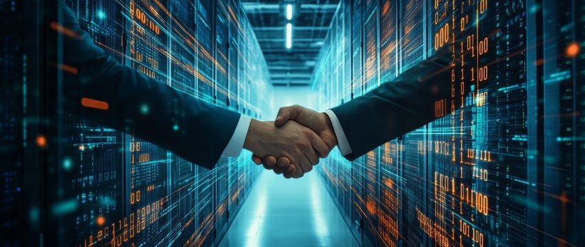Businessmen shaking hands against a background of a data center with lights and digital code, a technology concept.