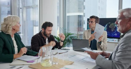 Paperwork, crisis and stress with business people in meeting for documents, bankruptcy and loss. Global trade, workshop and stock market crash with employees in office for fail, bad news and laptop