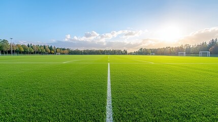 This image showcases a beautifully maintained sports field with a pristine green grass surface perfect for soccer or football games  The field is surrounded by a well designed stadium or arena