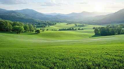 Obraz premium A picturesque and serene countryside landscape showcasing a lush green field surrounded by rolling hills forests and a majestic mountain range in the distance
