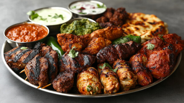 A grand mix grill platter showcasing shish tawook, mutton chops, chicken kebabs, beef skewers, tikka boti, and an array of sides like hummus, pita bread, and tandoori roti