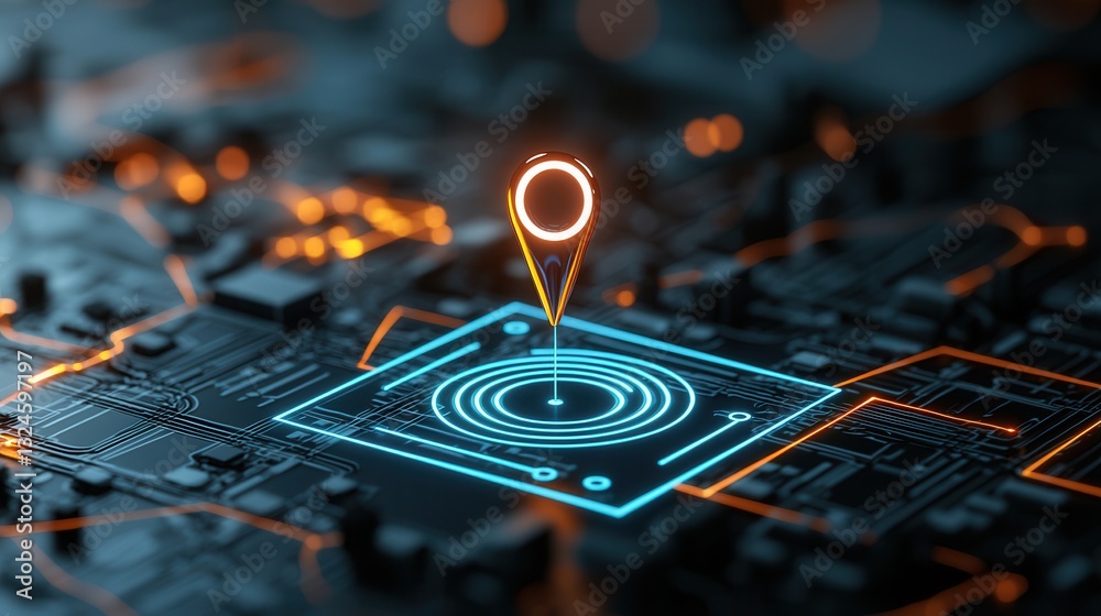 Poster this image showcases a visually captivating close up view of a pinpoint icon or marker on a futurist